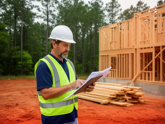A builder in a white hard hat and a yellow-green safety vest reviewing plans and a tablet at a house-framing site with red clay and pine trees.