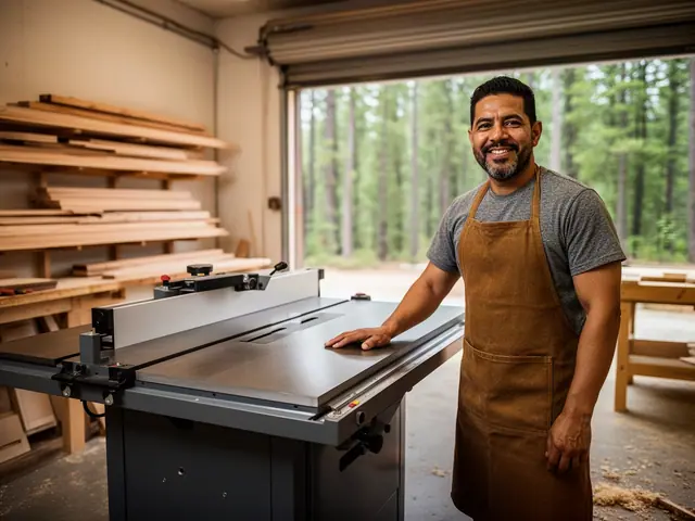 A smiling woodworker in a brown apron resting his hand on a new table saw in his shop, with lumber racks and pine trees outside the open door.