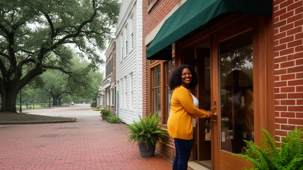 A smiling woman in a mustard cardigan opening the wood-framed glass door of a red-brick storefront under a green awning, on a brick sidewalk shaded by a large oak.