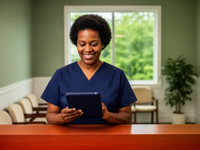 A smiling woman in navy scrubs reviewing a tablet behind the wooden reception counter of a calm clinic waiting room.