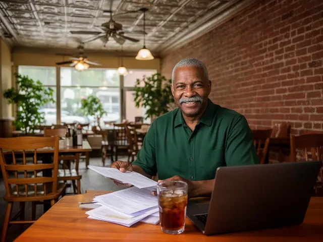 A smiling restaurant owner in a green shirt holding papers at a wooden table with a laptop and iced tea in an empty brick-walled dining room.
