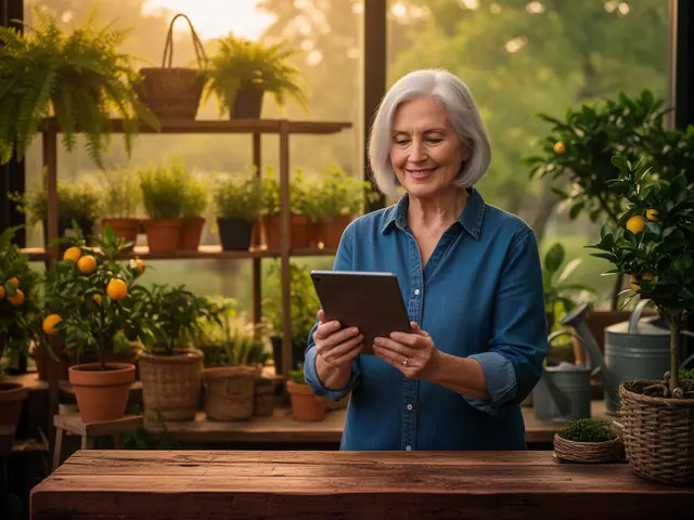 A smiling garden-shop owner with silver hair looking at a tablet behind a wooden counter, with ferns, potted citrus and baskets behind her.