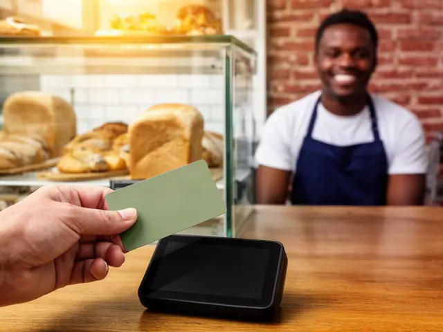A customer's hand holding a plain green card over a countertop card terminal at a bakery counter, with a smiling baker in a navy apron in the background.