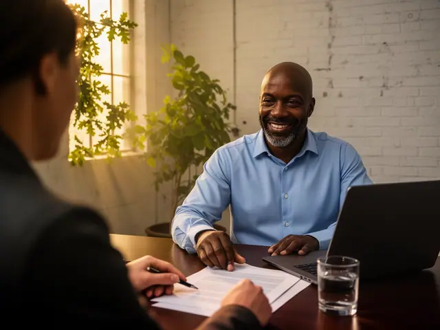 A smiling man in a light-blue shirt seated across a table from an advisor who points with a pen to papers, in a room with a white brick wall and a plant.