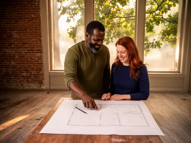Two business partners smiling as they look over a floor-plan sketch on a wooden table in an empty brick-walled storefront.