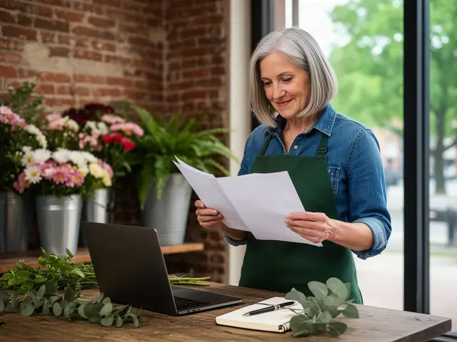 A florist in a green apron reading printed pages at a wooden work table with a laptop, a notebook and eucalyptus, in a shop with a brick wall and buckets of flowers.